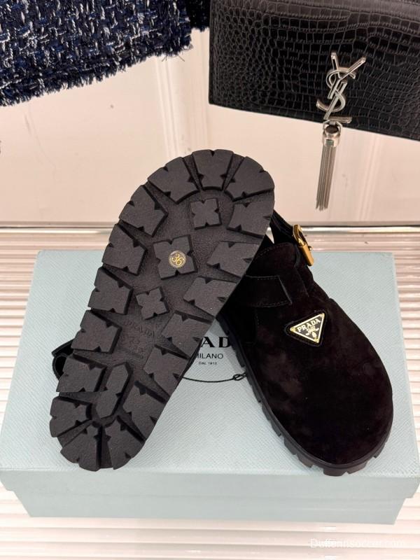 2025 Women Prada Black Suede Sandals