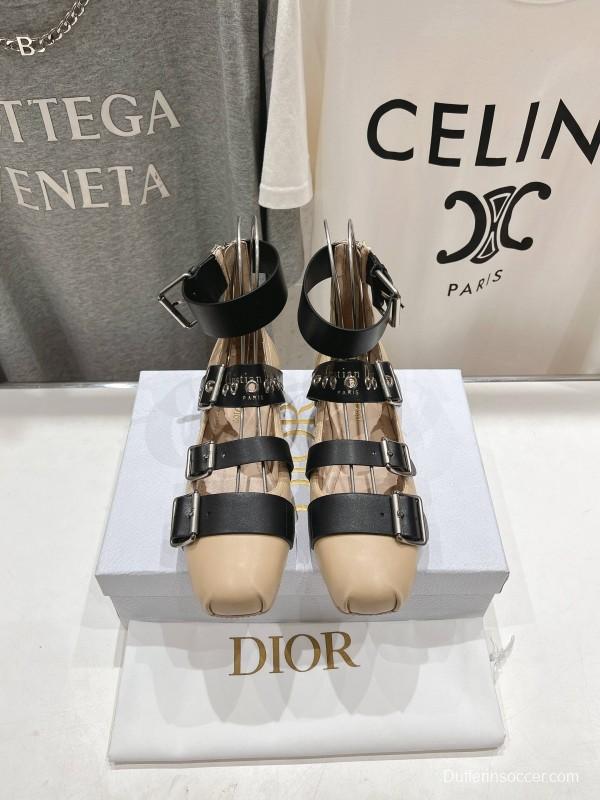 2025 Women Dior Beige Black Leather Mary Jane Buckle Flats