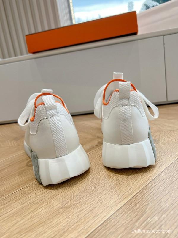 2024 Unisex Hermès white orange knit leather sneakers