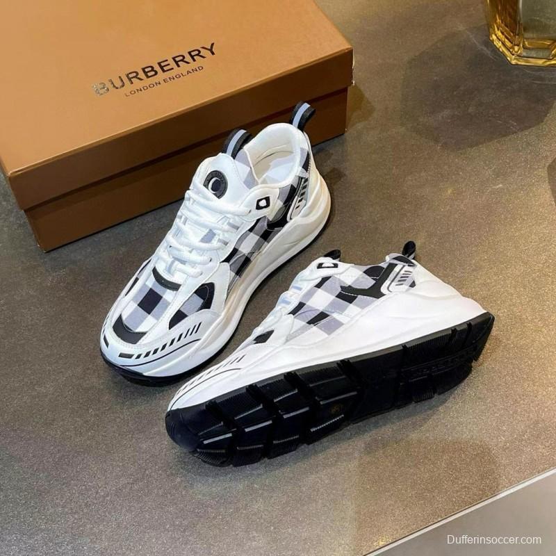 2025 Unisex Burberry White Black Cotton Leather Suede Chunky Sneakers Vintage Check MJ00380(F/W)