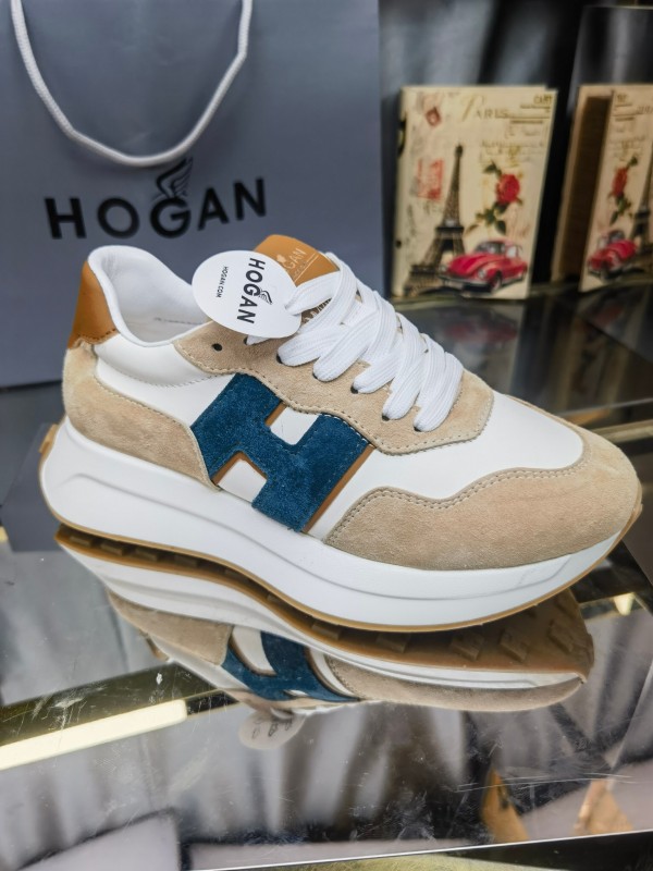 2025 Unisex HOGAN White Beige Blue Leather Suede Platform Sneakers H-STRIPES LY00360(F)/LY00370(M)