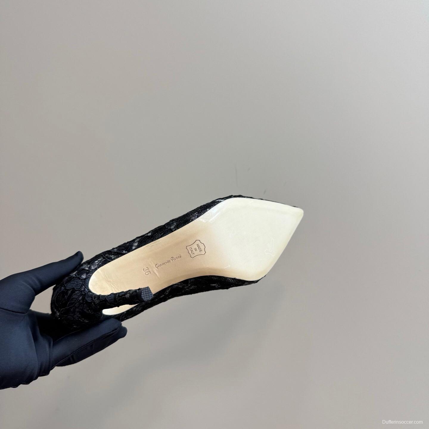 2025 Women Gianvito Rossi Black Lace Leather High Heel KFY00280