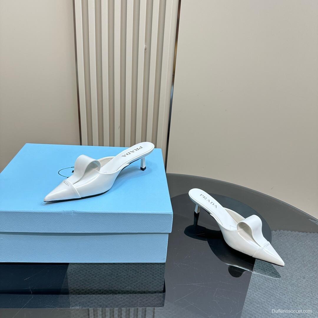2025 Women Prada White Leather High Heel Mules