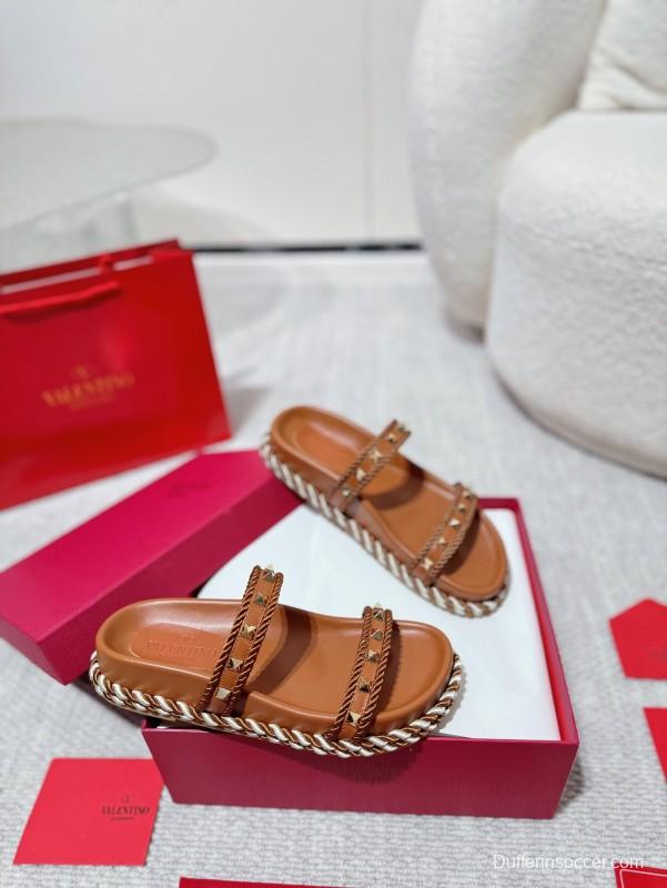2025 Women Valentino Brown Leather Sandals Braided Rope Sole LY00250