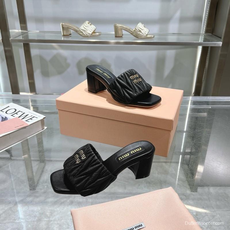 2025 Women Miu Miu Black Leather Sandals
