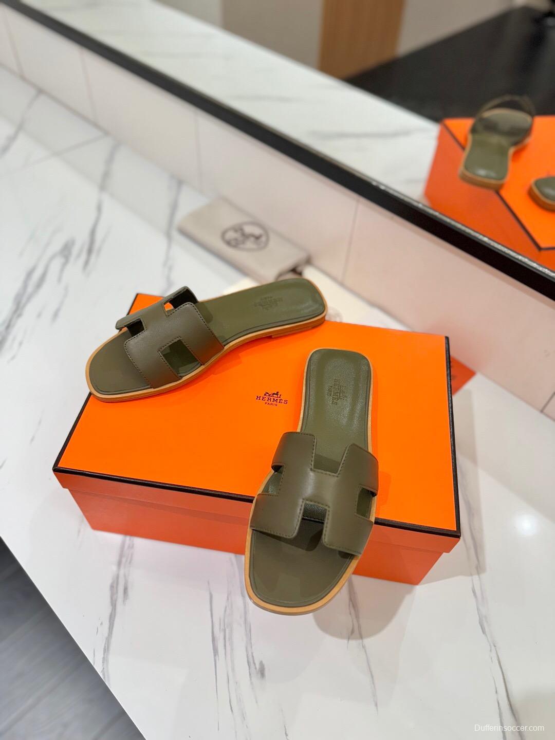 2025 Women Hermès Olive Leather Slippers