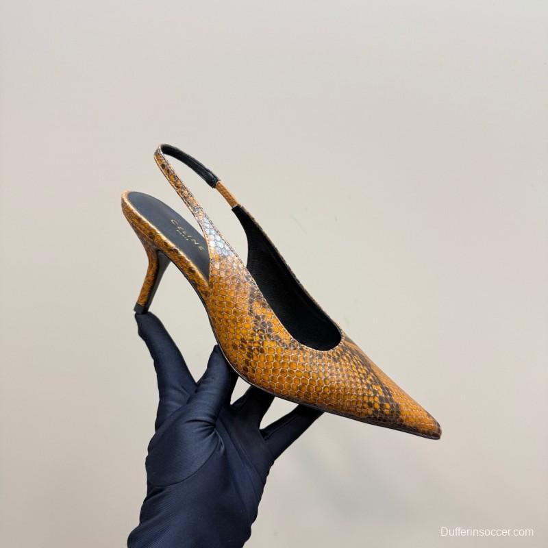 2025 Women Celine Brown Snakeskin Leather Slingback Heels