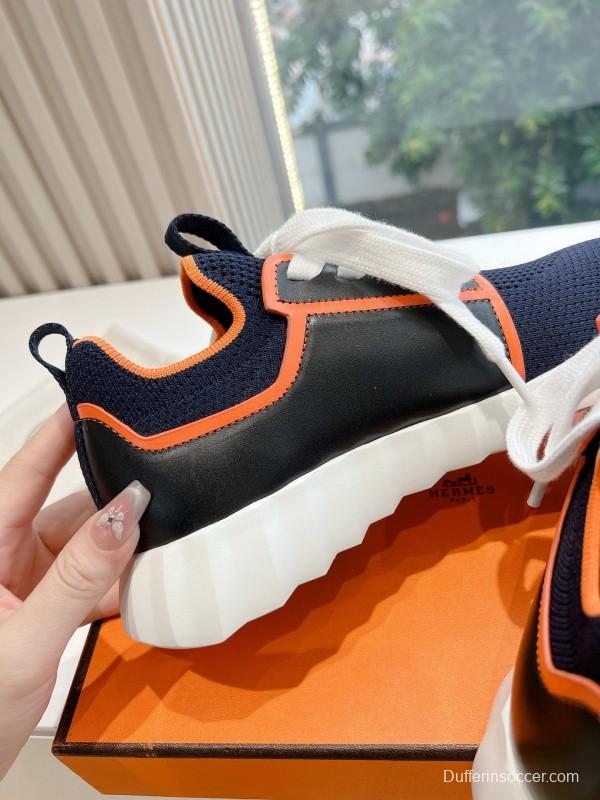 2024 Unisex Hermès navy orange knit leather sneakers