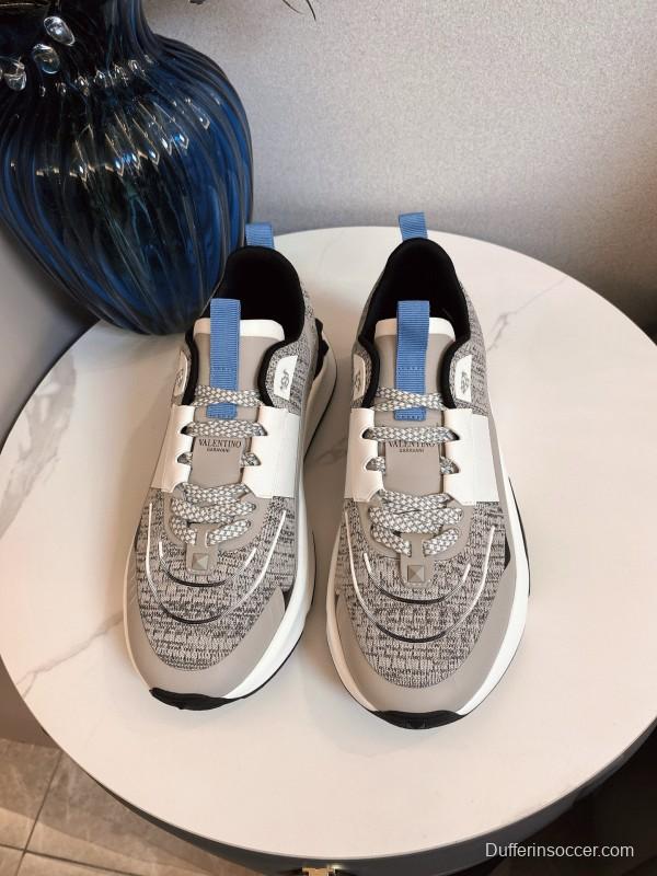 2024 Unisex Valentino White Grey Blue Fabric Leather Sneakers MJ00340