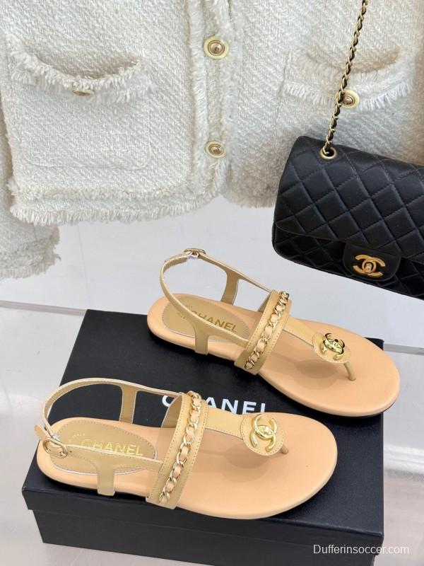 2025 Women Chanel Apricot Leather Sandals KFY00250