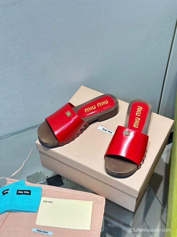 2025 Women Miu Miu Red Leather Slippers