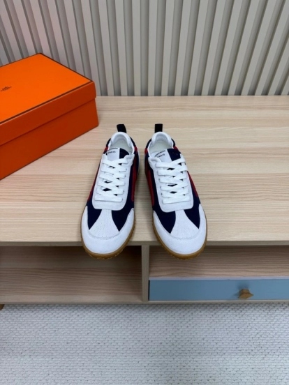 2025 Unisex Hermès White Navy Red Suede Down Fabric Sneakers KFY00300
