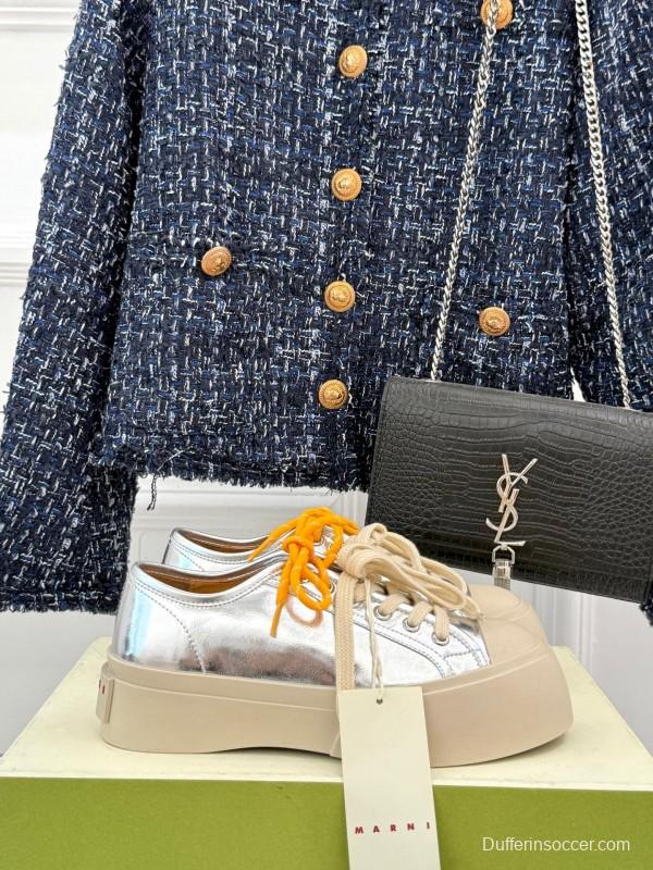 2025 Women Marni Silver Leather Thick Sole Retro Style Platform Sneakers LY00360(F)