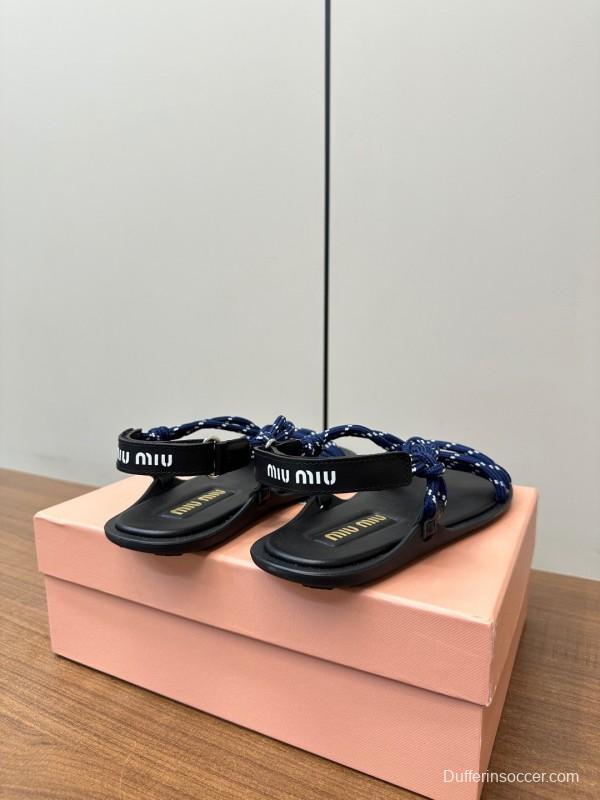 2025 Women Miu Miu Blue Black Leather Rope Sandals