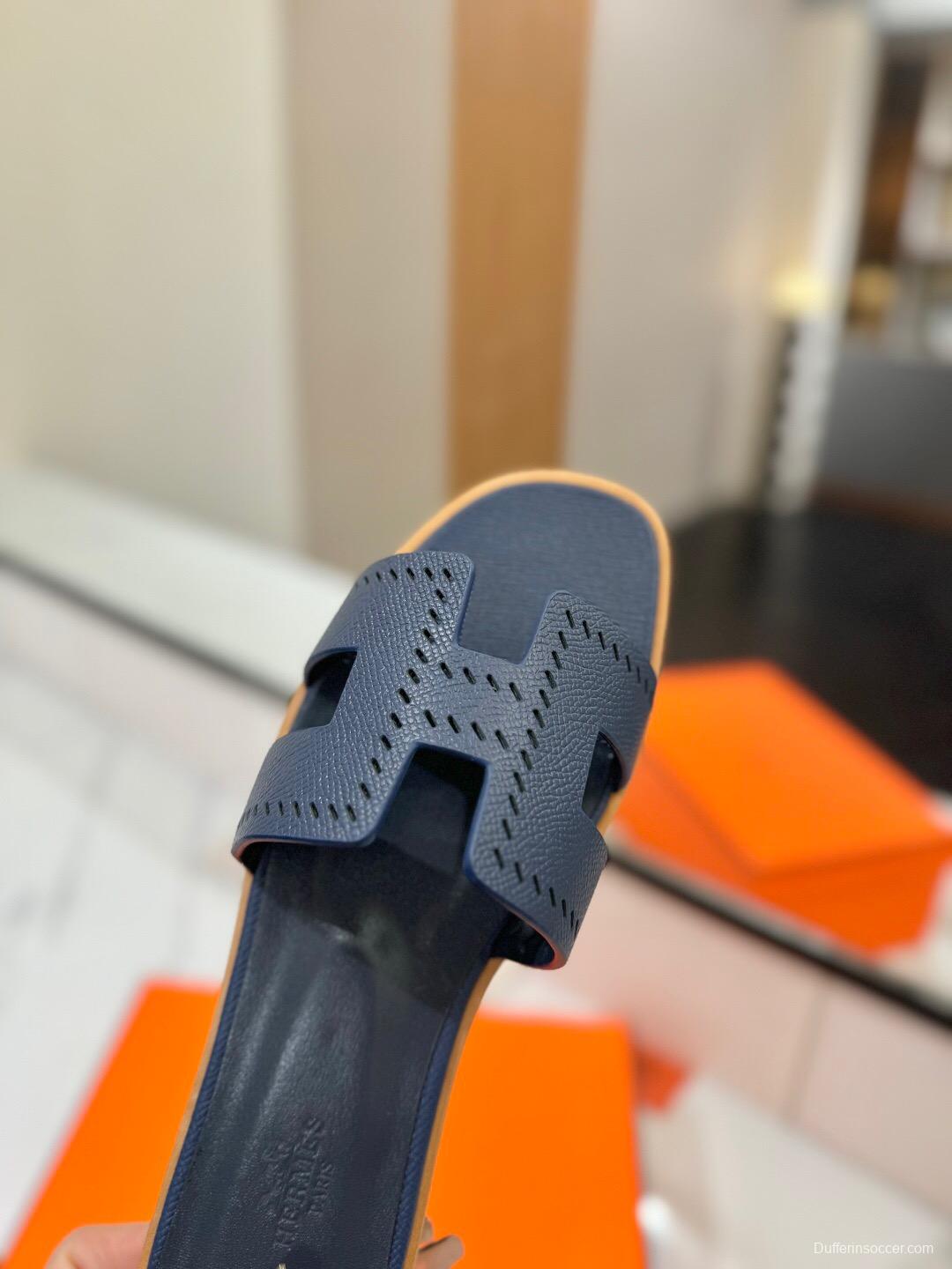 2025 Women Hermès Dark Blue Leather Slippers