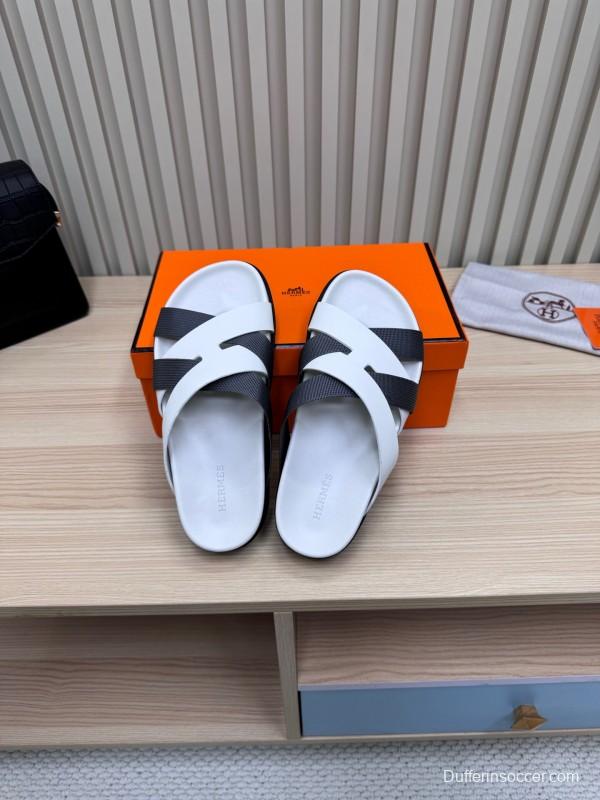 2025 Men Hermès White Black Leather Slippers