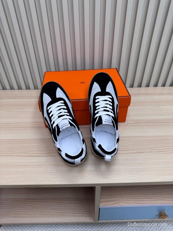2025 Unisex Hermès Black White Suede Down Fabric Sneakers Top Version KFY00300