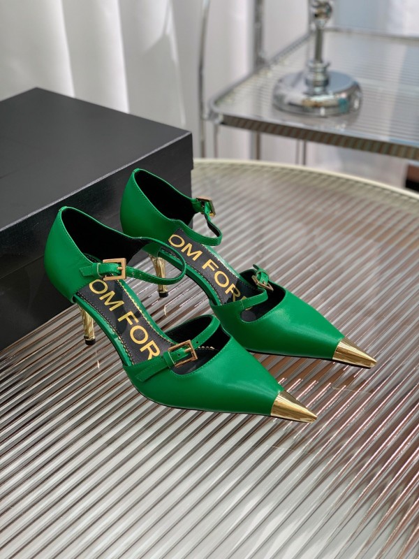 2025 Women TOM FORD Green Gold Leather Pointed Toe Mary Jane KFY00320