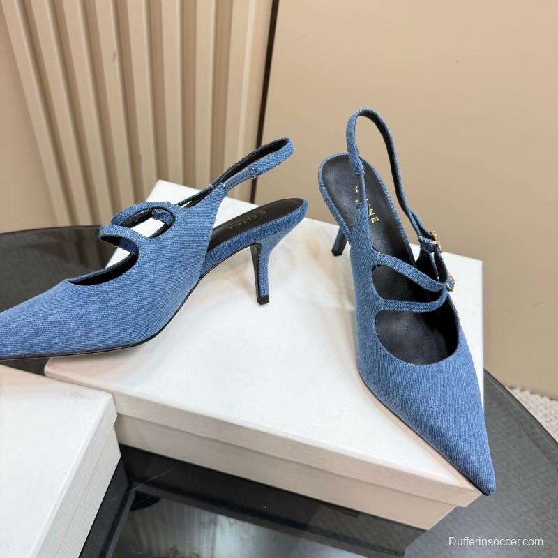 2025 Women CELINE Blue Denim Leather Pointed Toe Slingback Heels KFY00290