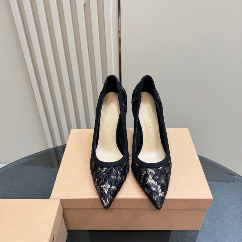 2025 Women Gianvito Rossi Black Lace Leather High Heel KFY00280