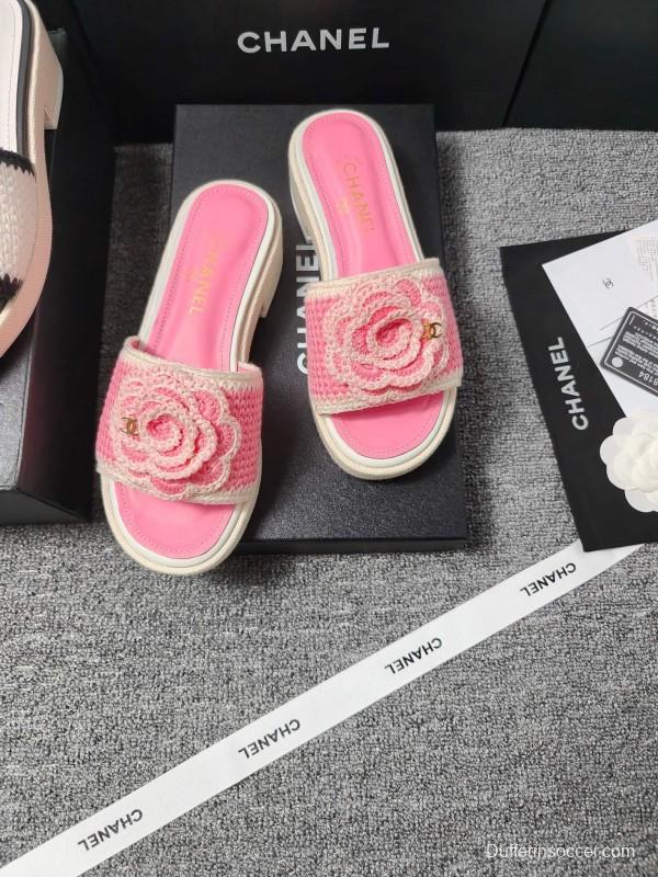 2025 Slippers Chanel Pink Straw Slide Floral LY00360