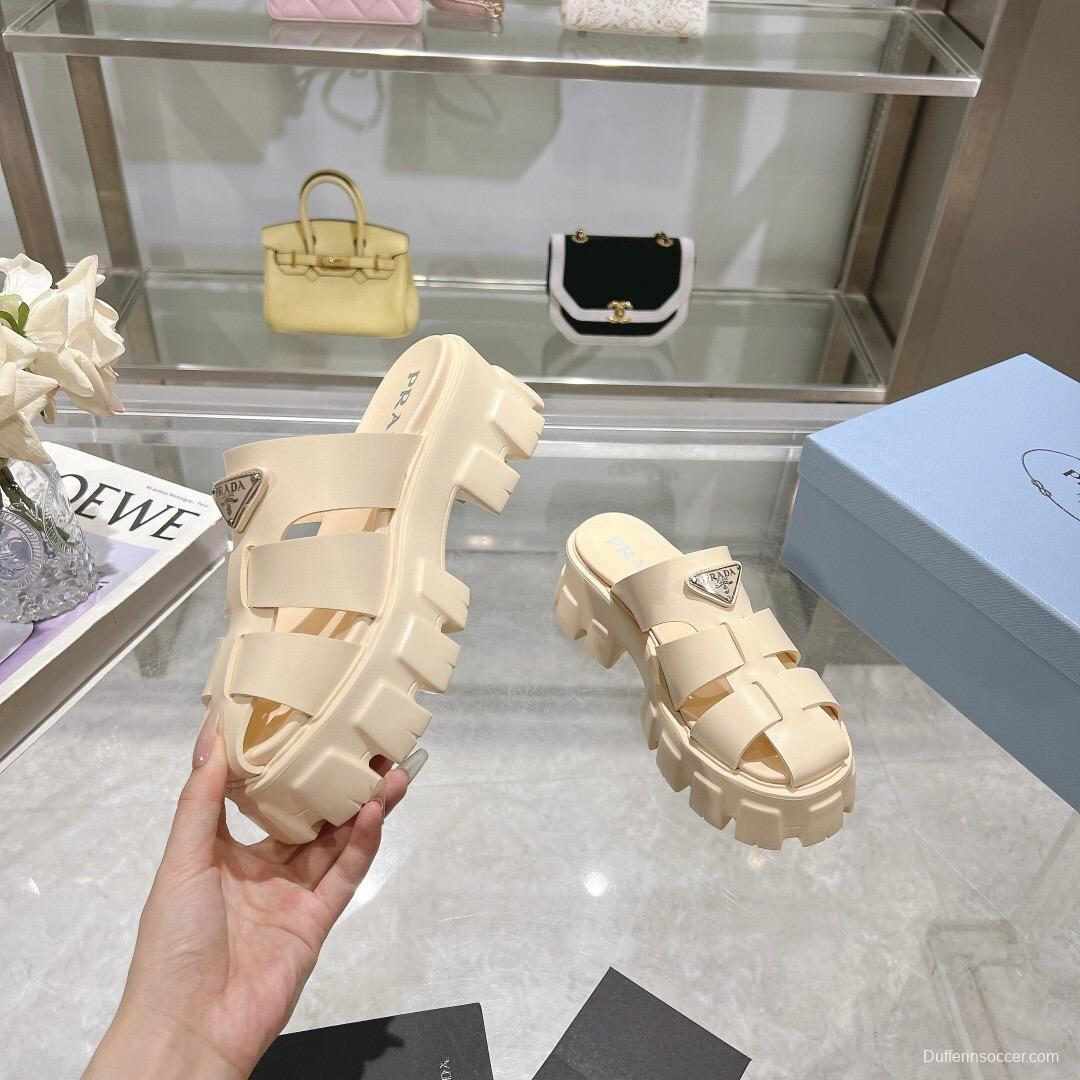 2025 Women Prada Beige Leather Platform Sandals LY00250
