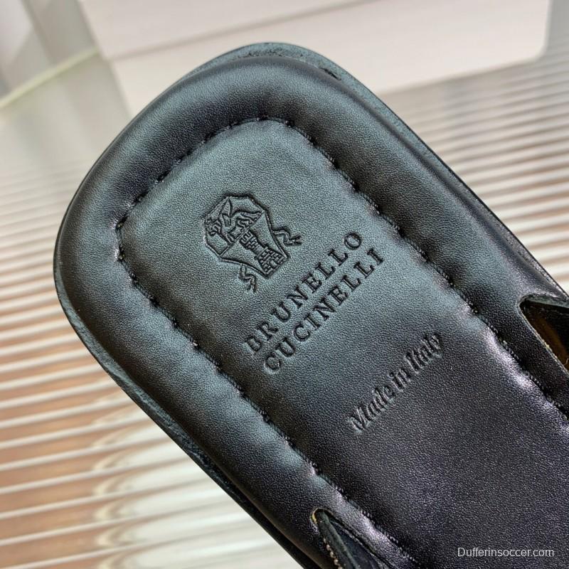 2025 Women Brunello Cucinelli Black Leather Flat Slides With Handwoven Beaded Straps KFY00300 (F)