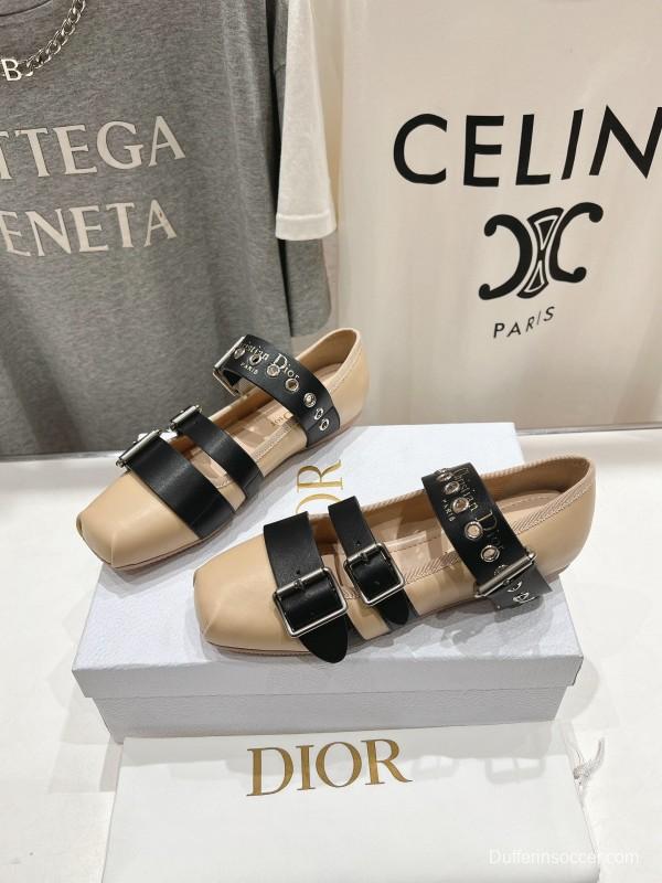 2025 Women Dior Beige Black Leather Mary Jane Buckle KFY00300
