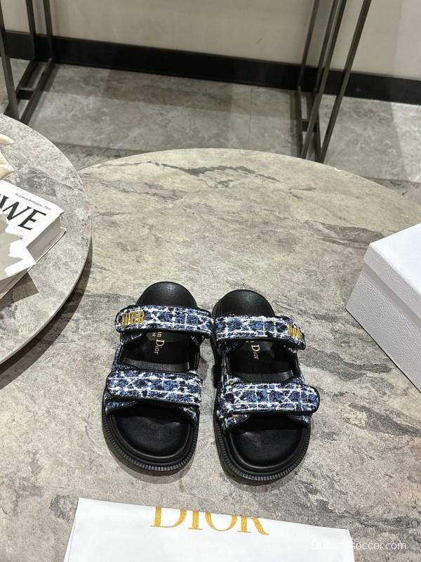 2025 Women Dior Black Blue Fabric Sandals KFY00300