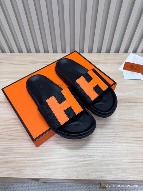 2025 Women Hermès Black Orange Leather Slippers