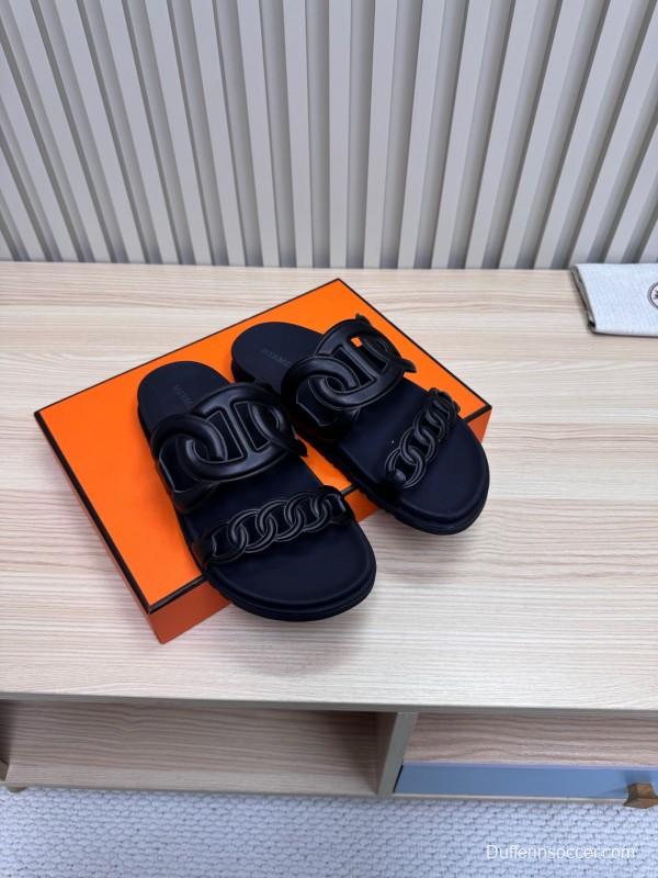 2025 Slippers Hermès Black Leather Slippers