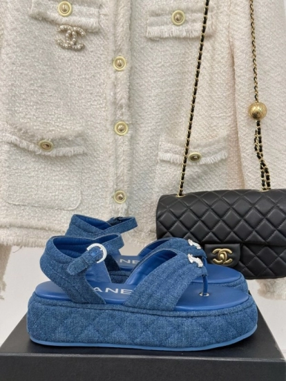2025 Women Chanel Blue Denim Leather Platform Sandals KFY00260
