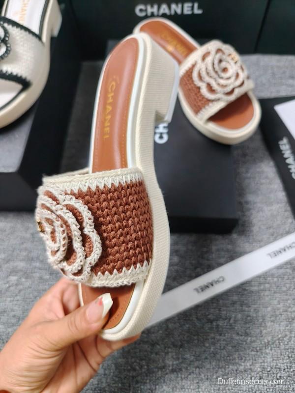 2025 Women Chanel Brown White Leather Slippers