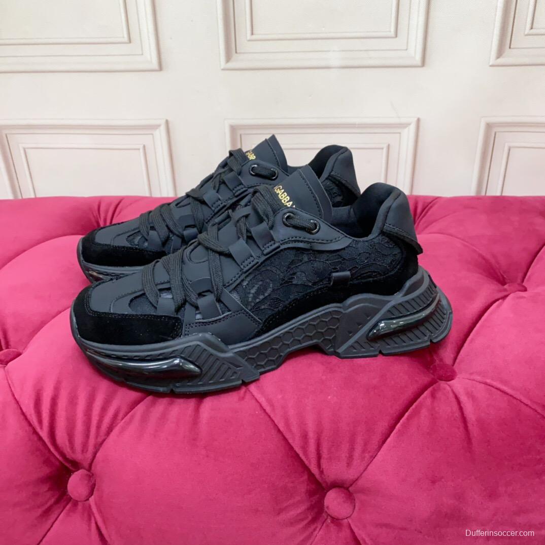2025 Unisex Dolce & Gabbana Black Mesh Leather Sneakers LY00340