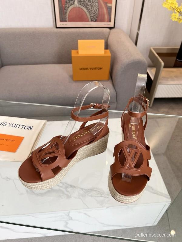2025 Women Louis Vuitton Brown Leather Espadrille Wedge Sandals MJ00280