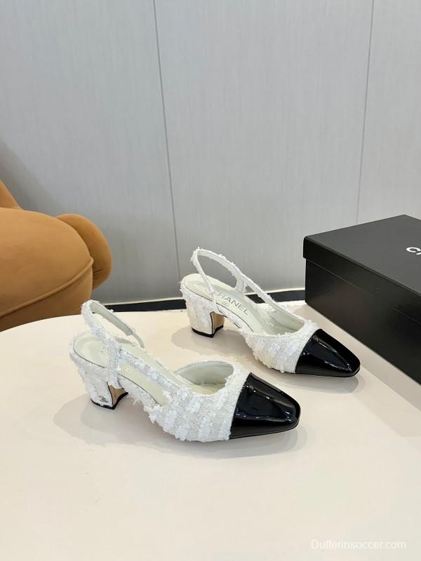 2025 Women Chanel White Black Tweed Patent Leather Slingback LY00240