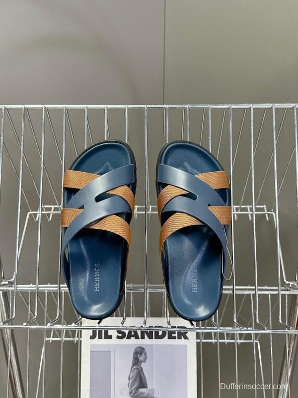 2025 Slippers Hermès Blue Brown Leather Slippers