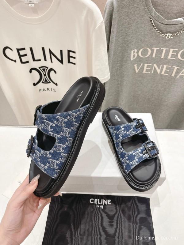 2025/Unisex CELINE Blue Denim Buckled Slide Sandals Stylish Comfort KFY00280