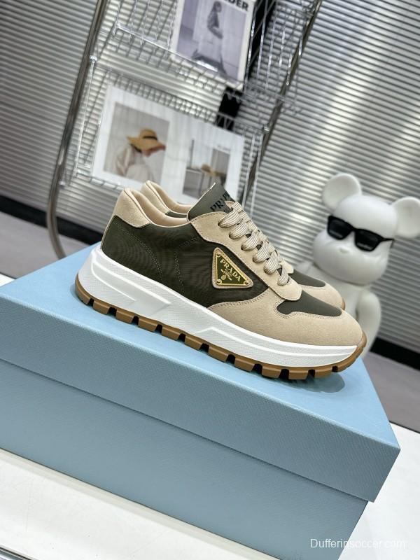 2025 Women Prada Beige Green Nubuck Leather Sneakers KFY00310