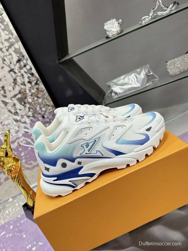 2025 Men Louis Vuitton Blue White Mesh Leather Sneakers MJ00420