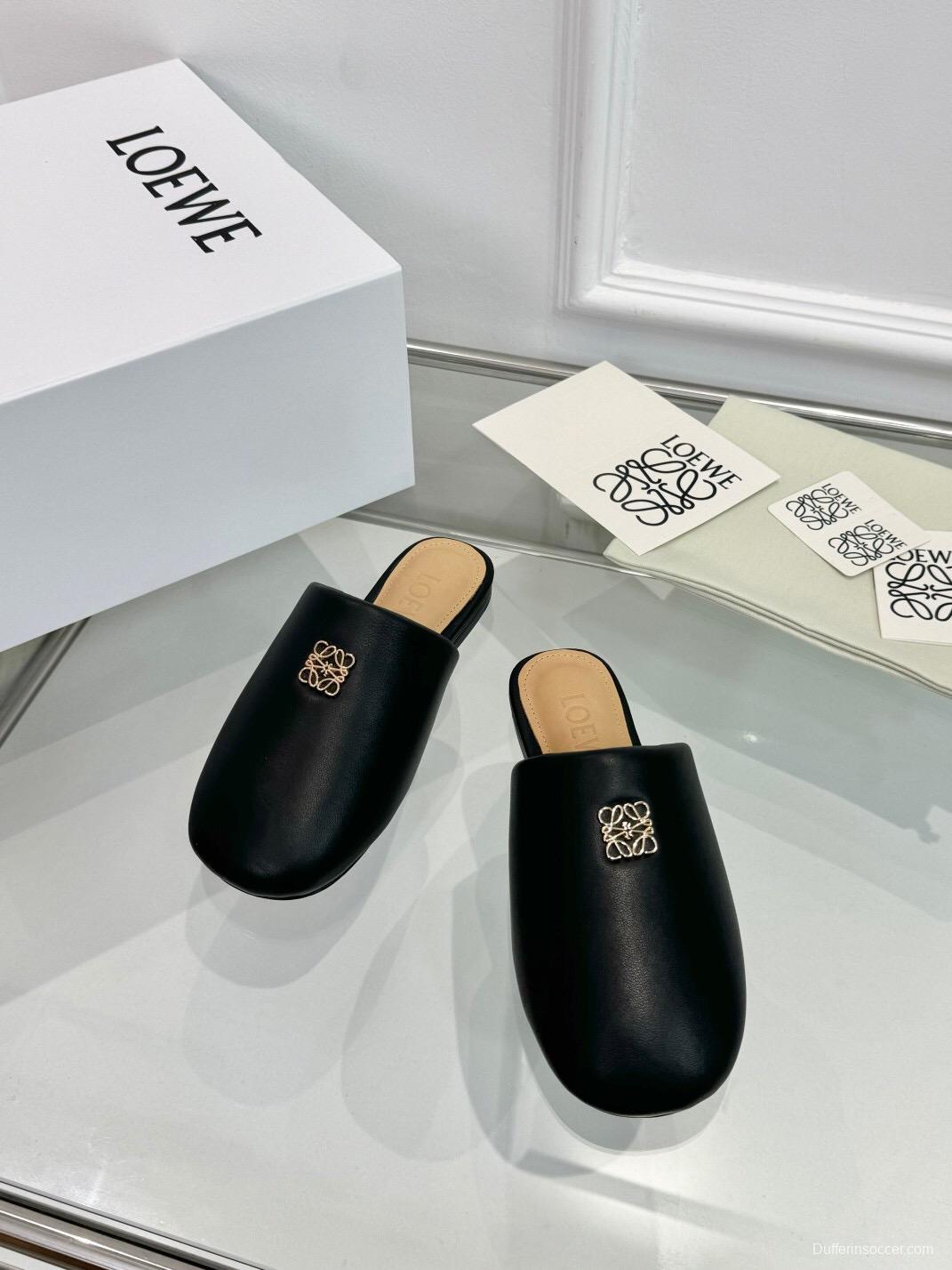2025 Women Loewe Black Leather Slippers LY00270