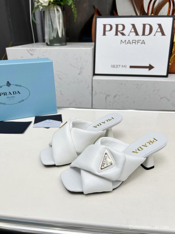 2025 Women Prada White Calf Leather Heeled Slide LY00270
