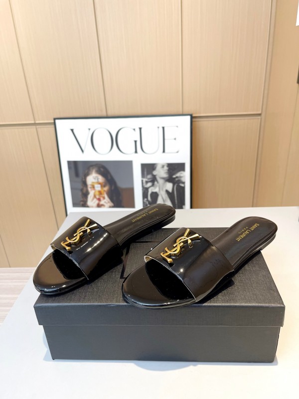 2025 Women Yves Saint Laurent Black Patent Leather Slide Sandals