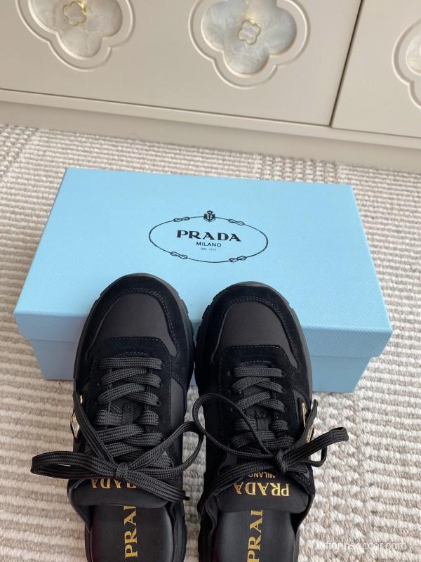 2025 Women Prada Black Nylon Leather Sneakers LY00290