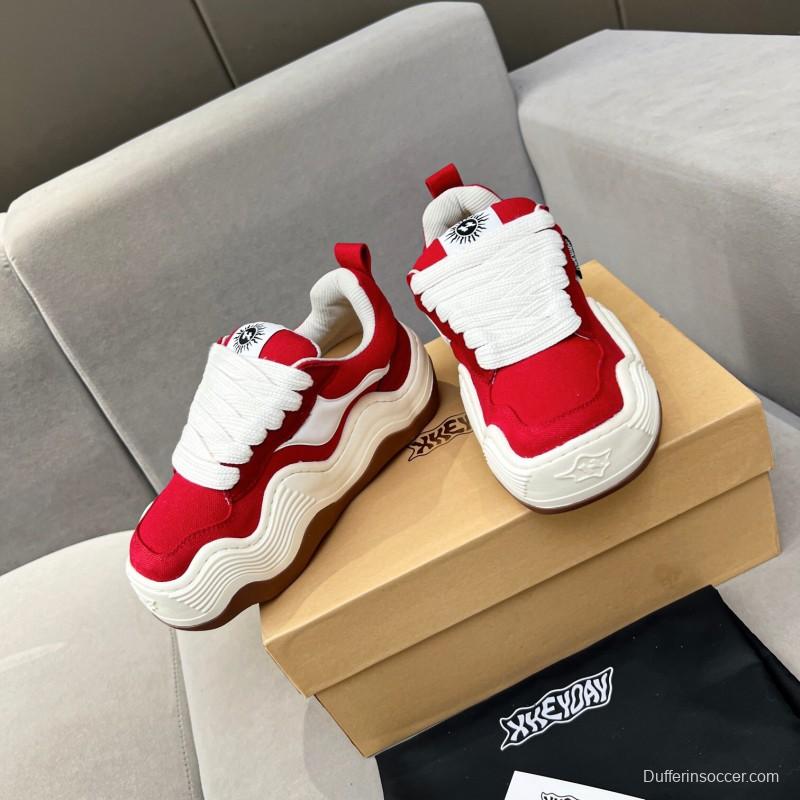 2025 Women HEYDAY Red White Canvas Leather Wave Sneakers