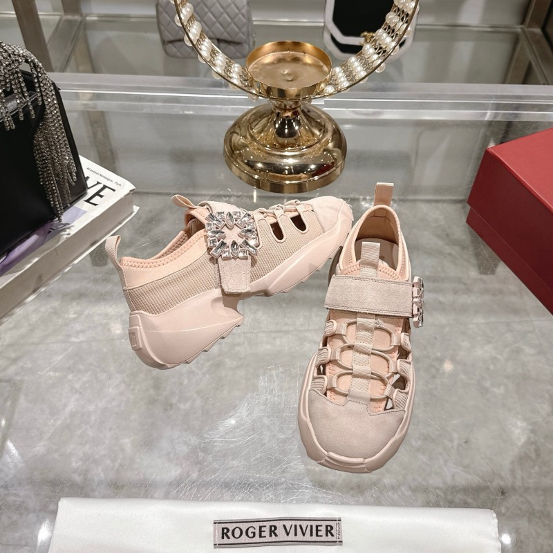 2025 Women Roger Vivier Pink Knit Suede Sneakers Crystal Buckle LY00300