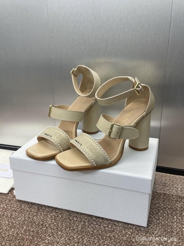 2025 Women Dior Beige Calf Leather Sheepskin Pearl Embroidered High Heel Sandals KFY00320