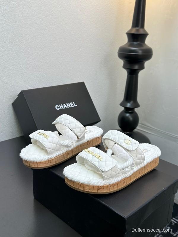2025 Slippers Chanel White Quilted Fabric Cork Sole LY00250