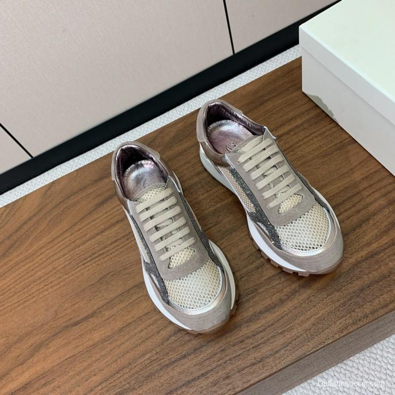 2025 Women Brunello Cucinelli Beige Brown Mesh Leather Sneakers