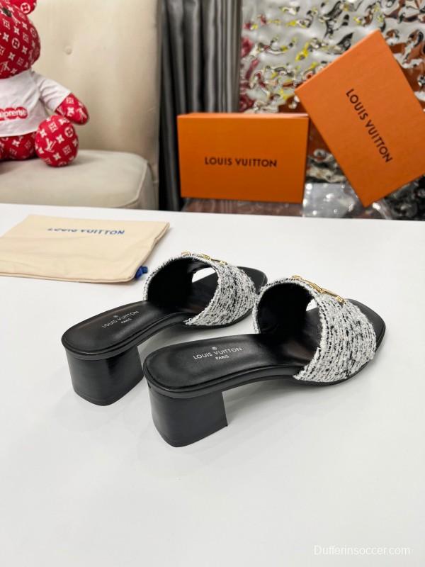 2025 Women Louis Vuitton Black White Tweed Heels LY00220